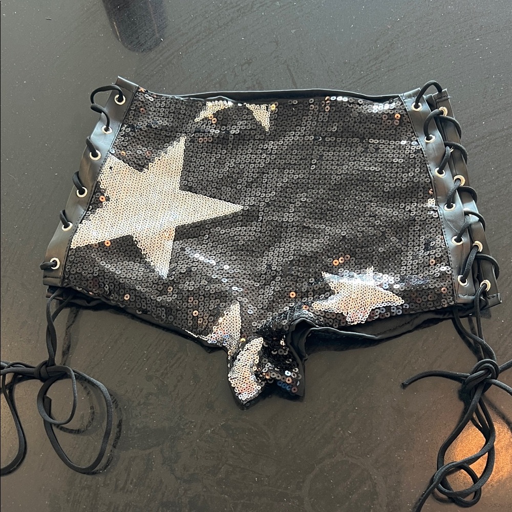 SHEIN Black Sequin Star Lace-Up High Waist Shorts